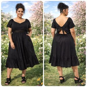 Torrid Black Midi Dress 2X Sheer Waist Tie Back Cutout Pockets Cottage Prairie